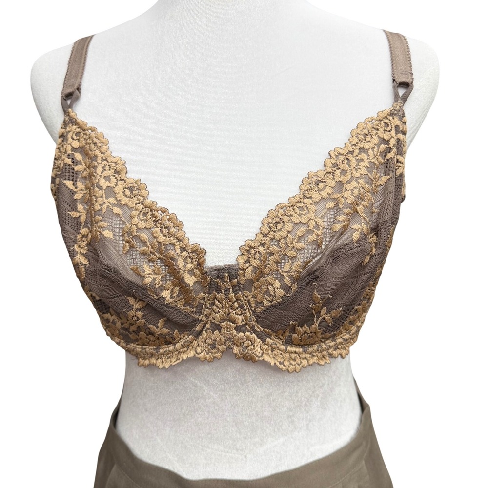 Wacoal Embrace Lace Bra 38C Taupe Gold Floral Mesh Underwire Sheer Lingerie